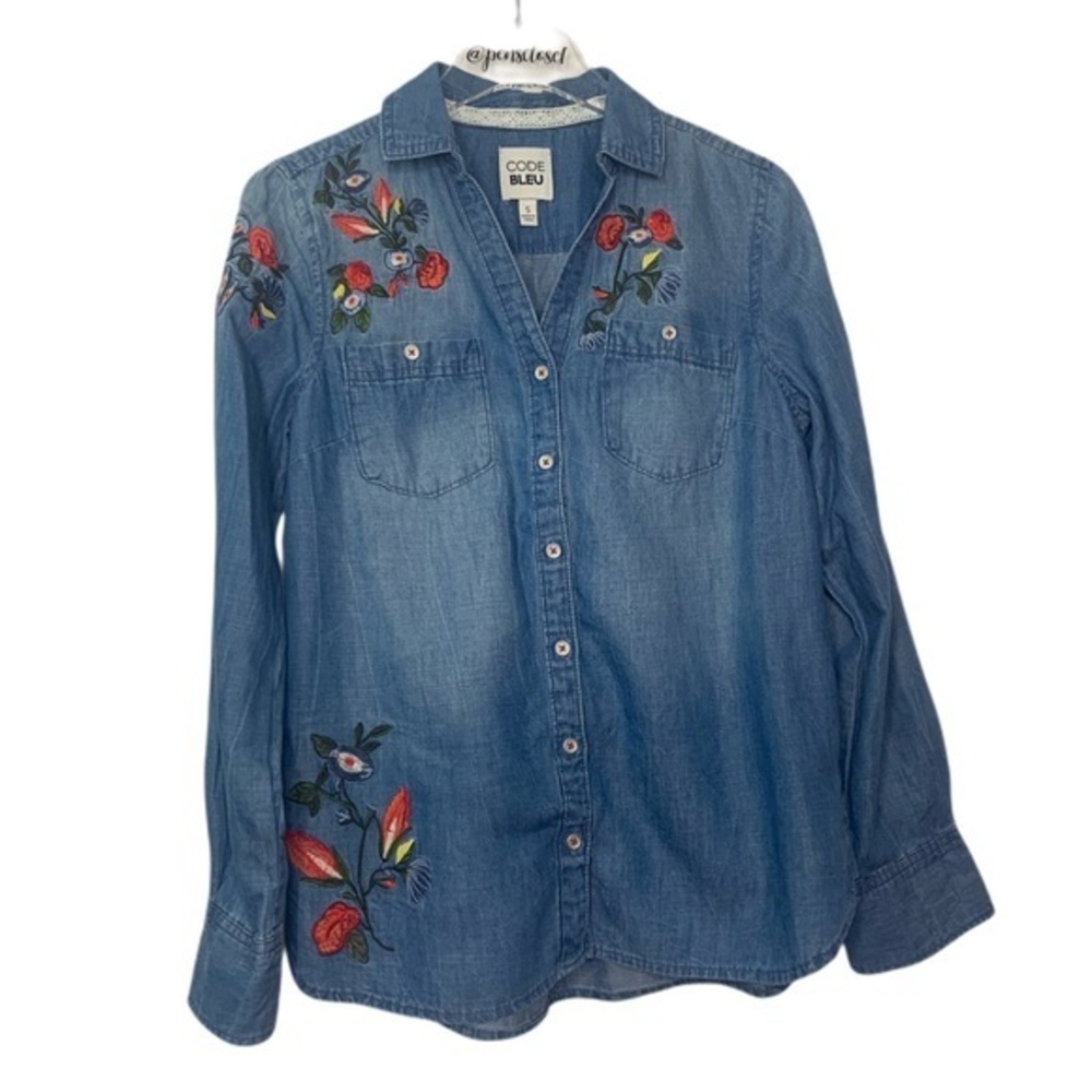 Vintage Code Bleu Boho Floral Embroidered Shirt